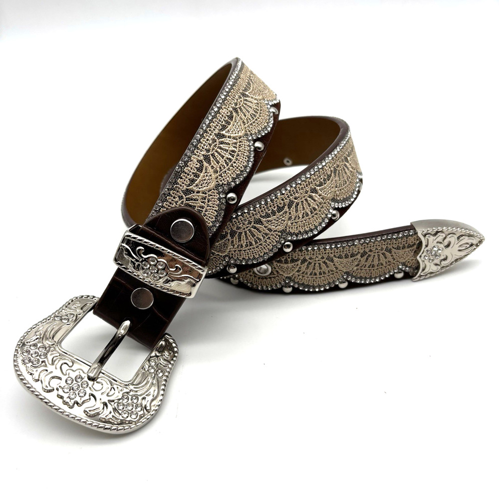 NEW Angel Ranch Brown Genuine Leather Crystal Trim Lace Overlay Belt YL 24-28"